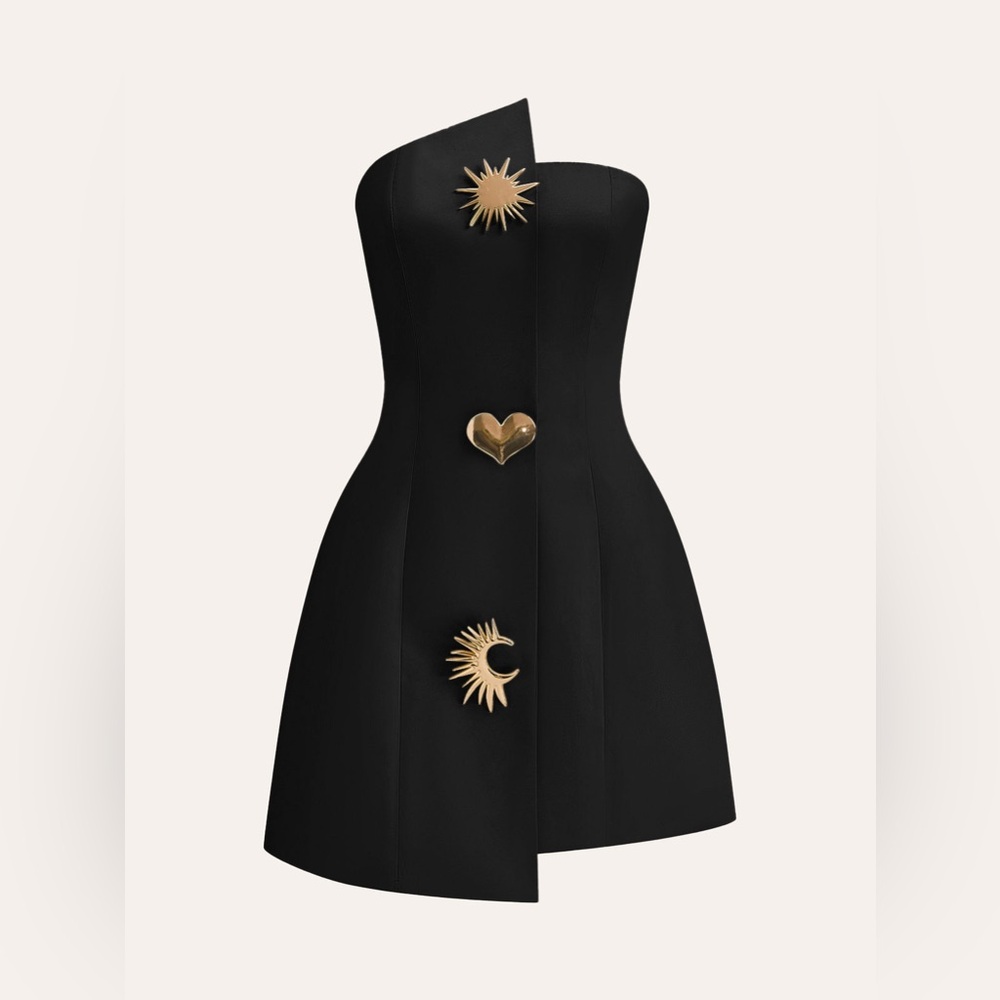 Commense Satin Asymmetrical Buttoned Strapless Dress